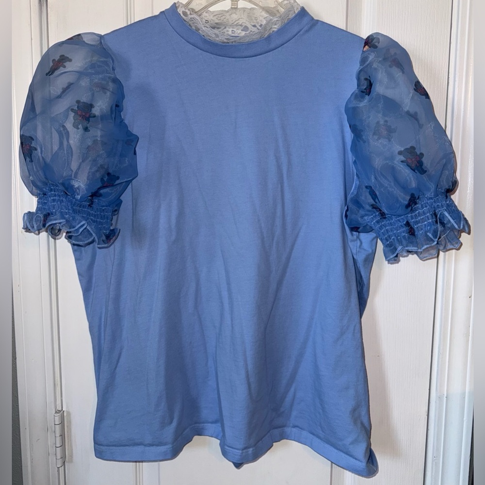 Lazy Oaf Blue Teddy Bear Puff Sleeve Top Size M View 2